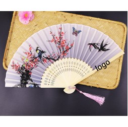 Traditional Chinese Painted Fan with Birds and Flowers