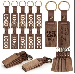 Elegant Wooden Keychain with Leather Strap - Personalized Engraving