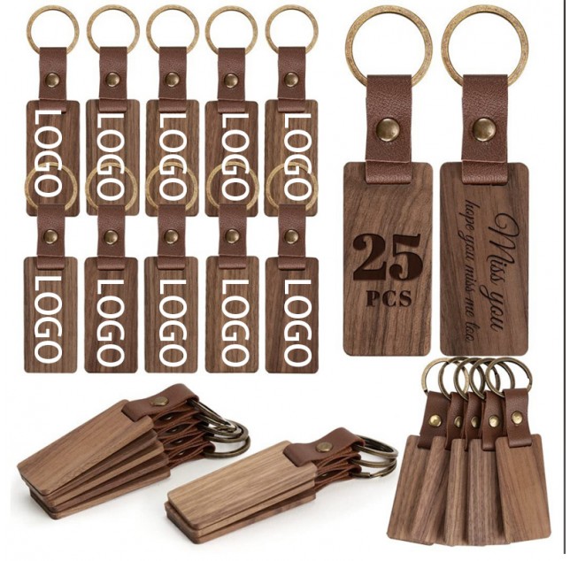 Elegant Wooden Keychain with Leather Strap - Personalized Engraving
